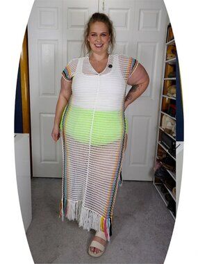 Plus Size 3XL White Rainbow Stripe V-Neck Long Swimsuit Cover-Up Dress New
